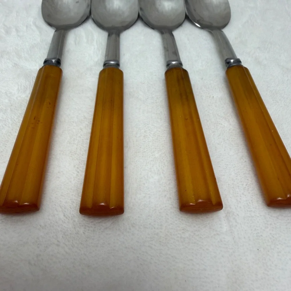 VTG Set of 4 Teaspoons Butterscotch Bakelite Amber Handles‎ MCM Style Farmhouse